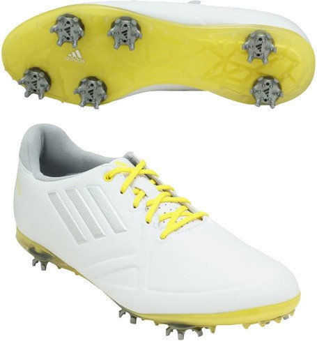 Calçado de golfe para mulher Adidas Adizero Tour Womens Golf Shoes White/Yellow UK 5,5