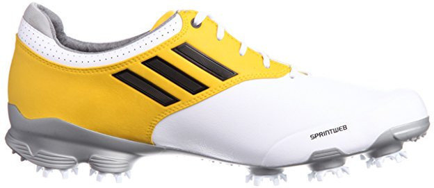 Calçado de golfe para homem Adidas Adizero Tour Mens Golf Shoes White/Yellow UK 10,5