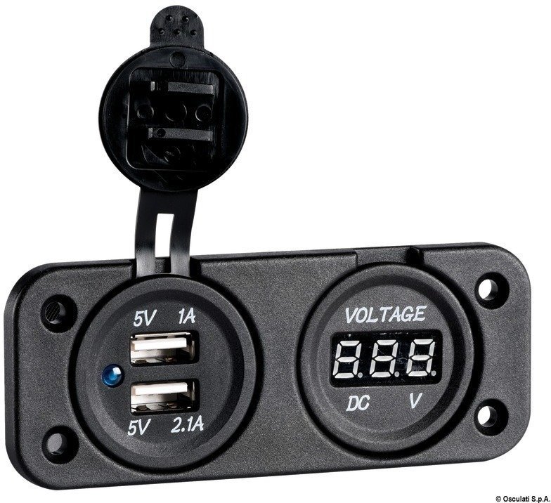 Marine Plug, Marine Socket Osculati Digital Voltmeter and Dual USB port 2.1 A