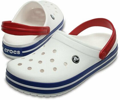 blue and white crocs