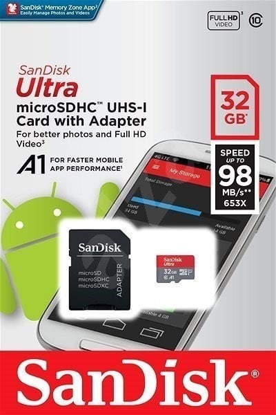 Cartão de memória SanDisk Ultra microSDHC 32 GB 98 MB/s A1 Class 10 UHS-I Micro SDHC 32 GB Cartão de memória