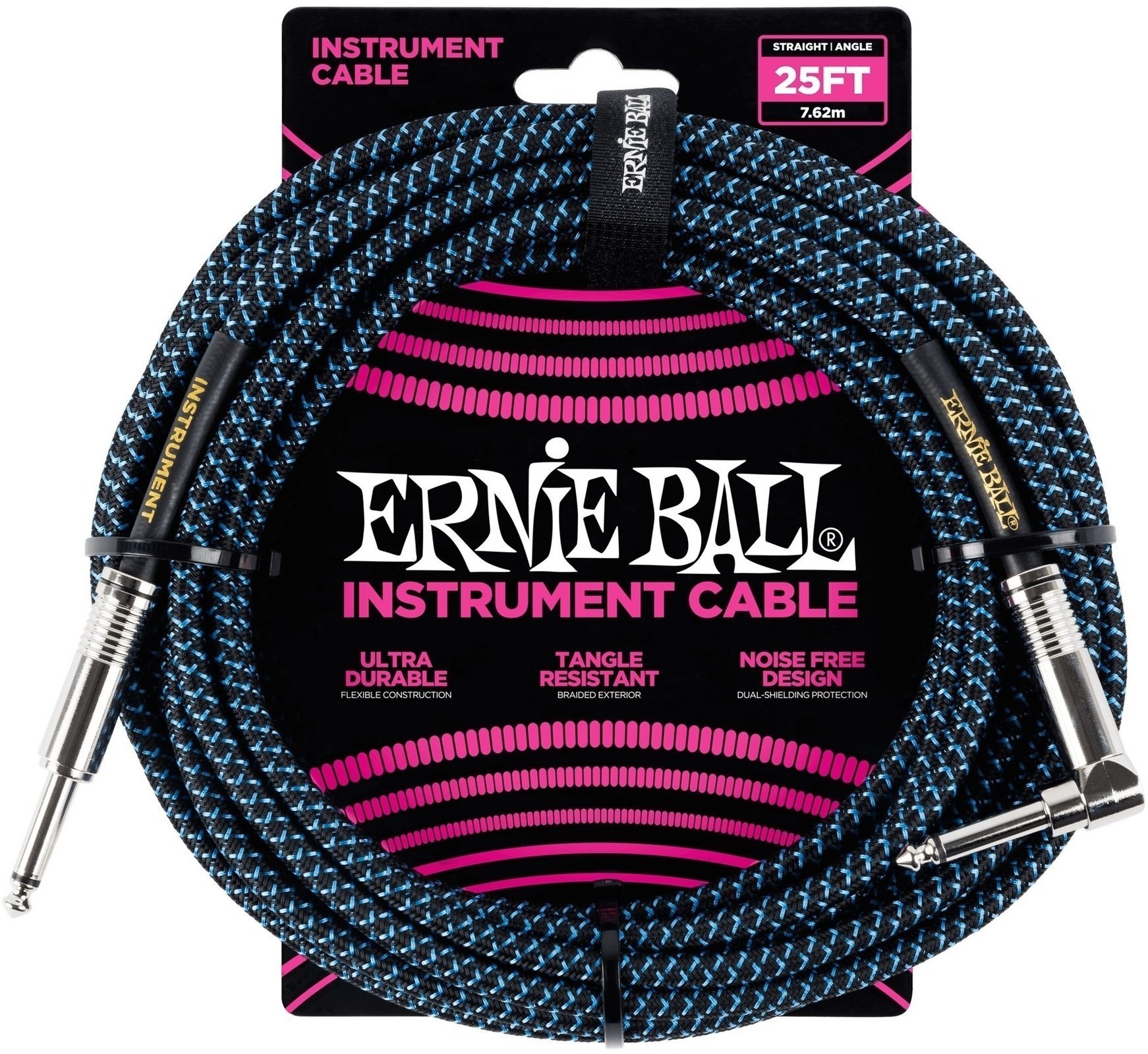 Nástrojový kábel Ernie Ball P06060 Čierna-Modrá 7,5 m Rovný - Zalomený