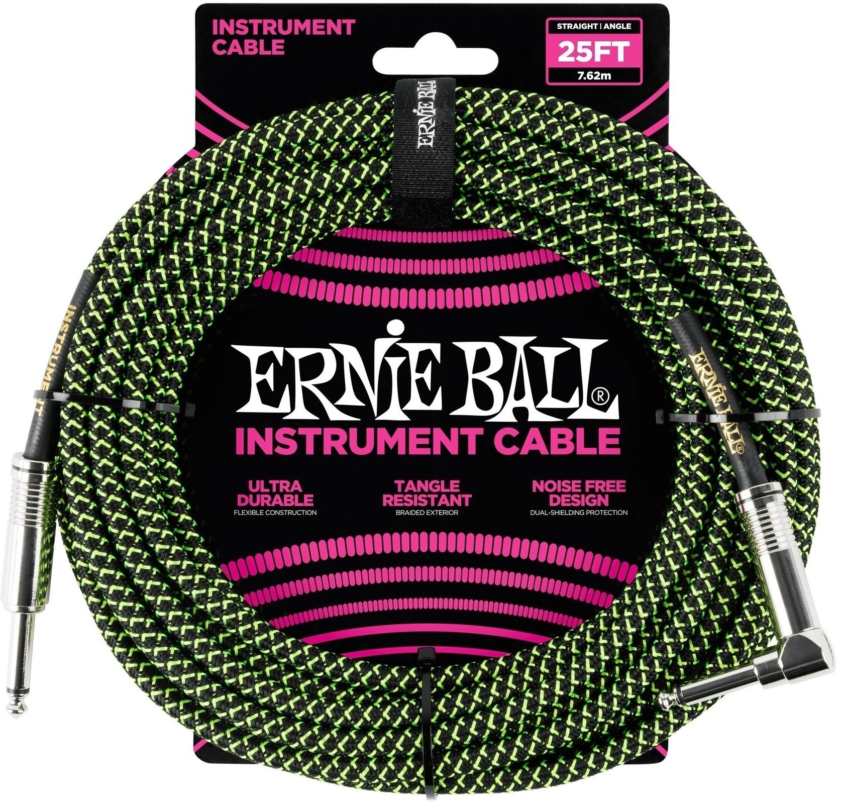 Câble pour instrument Ernie Ball P06066 Noir-Vert 7,5 m Droit - Angle