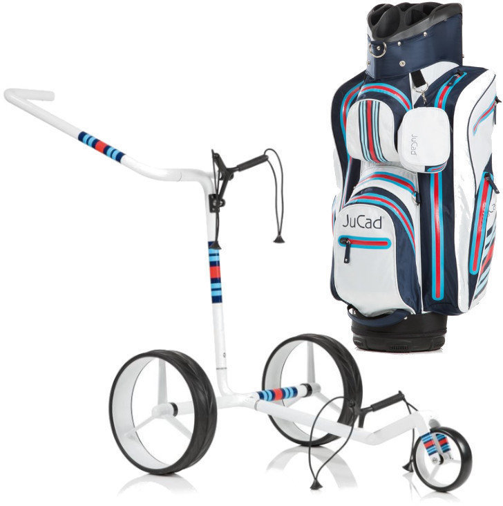 Handmatige golftrolley Jucad Carbon 3-Wheel Aquastop Bag SET White Handmatige golftrolley
