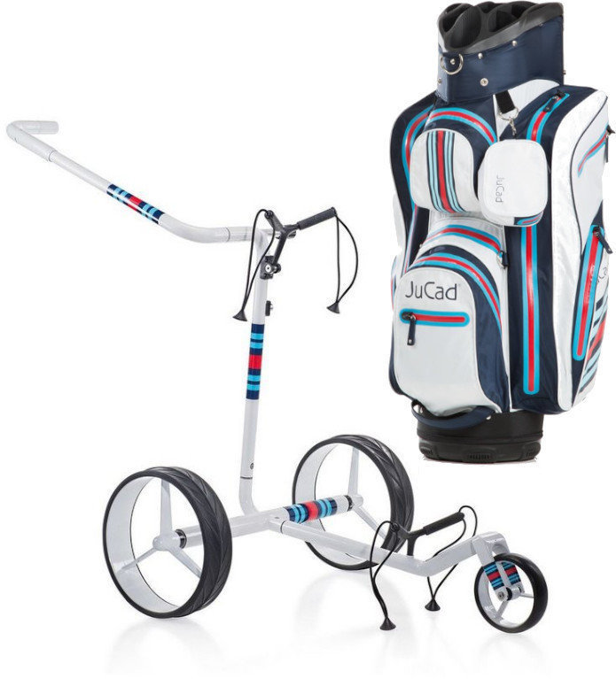 Chariot de golf électrique Jucad Racing White Carbon Electric - Aquastop Bag Blue White Red SET Chariot de golf électrique
