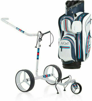 Електрическа количка за голф Jucad Racing White Carbon Electric - Aquastop Bag Blue White Red SET Електрическа количка за голф - 1