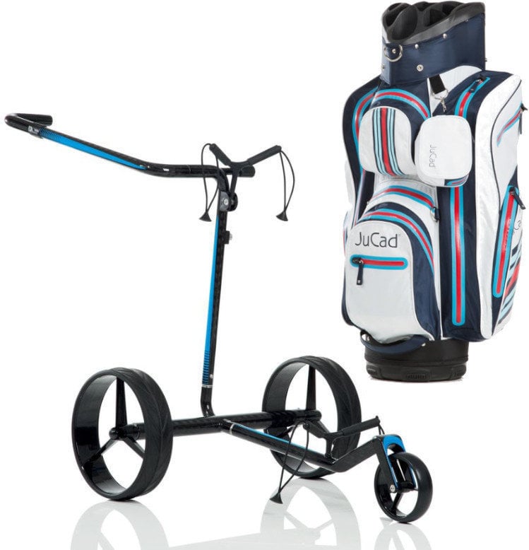 Elektriska golfvagnar Jucad Carbon Travel Electric Black-Blue - Aquastop Bag Blue White Red SET Elektriska golfvagnar