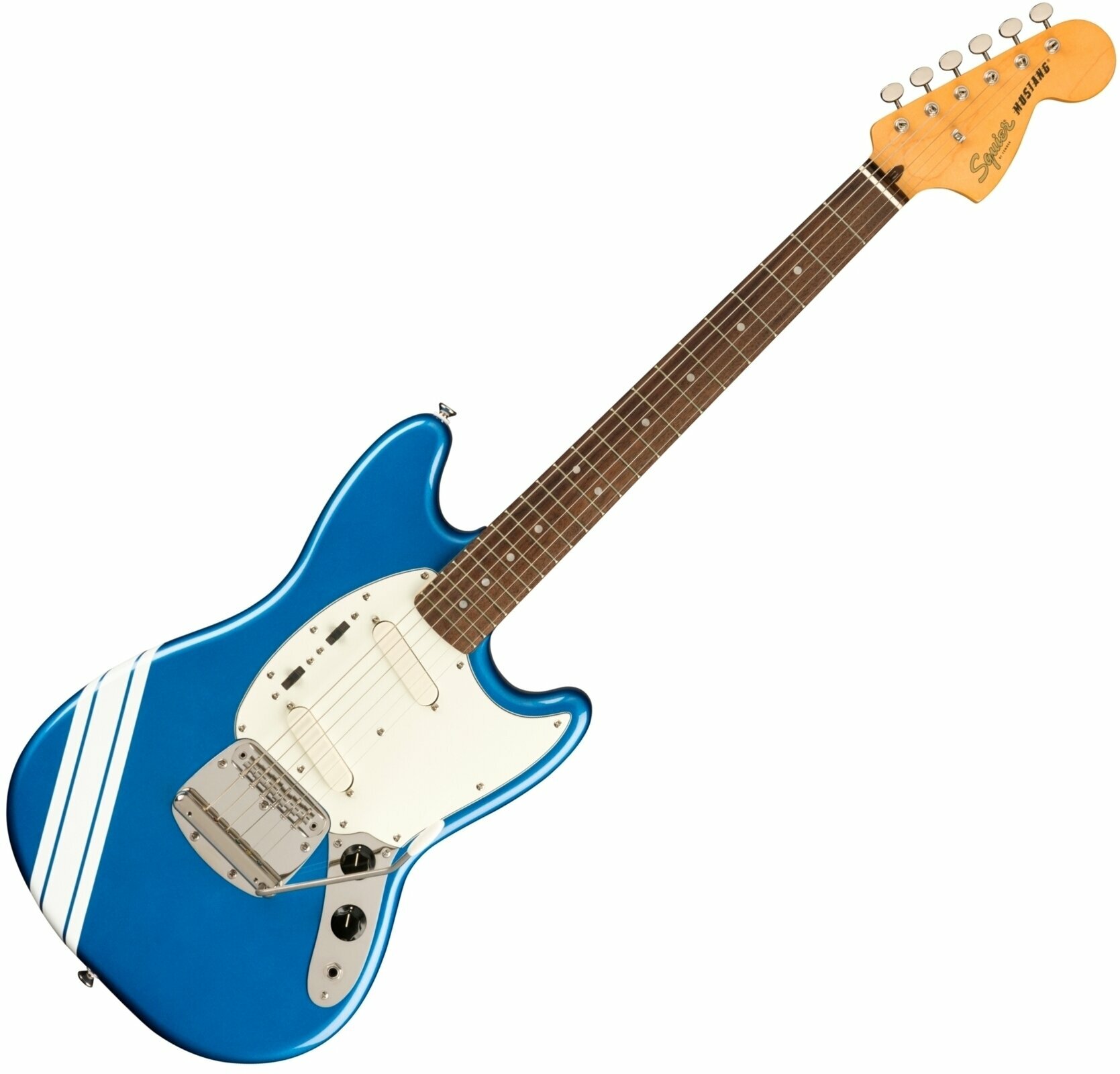 Guitare électrique Fender Squier FSR 60s Competition Mustang Classic Vibe 60s LRL Lake Placid Blue-Olympic White Stripes