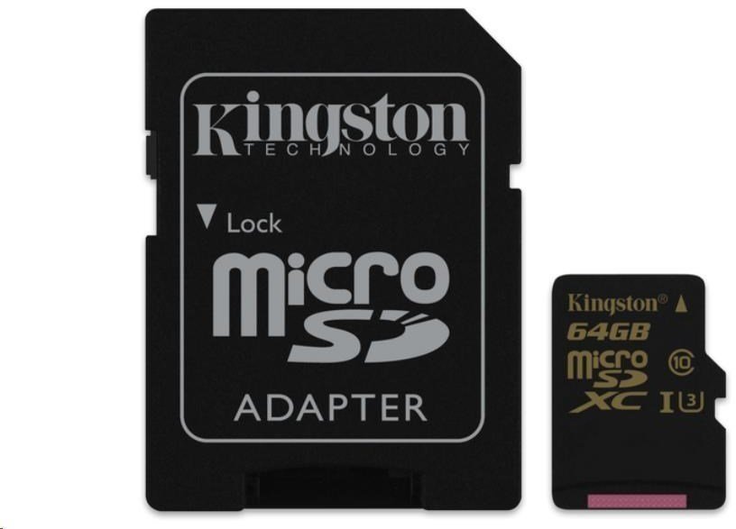 Hukommelseskort Kingston 64GB Micro SecureDigital (SDXC) Card Gold UHS-I + SD adapter
