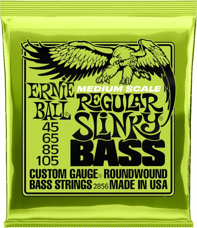 Cordas para baixo Ernie Ball 2856 Regular Slinky Nickel Wound Medium Scale Bass Strings 45-105